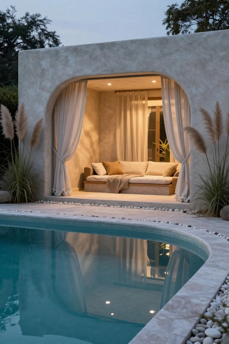 Beige stucco arched alcove with sheer white curtains partially drawn, containing a low beige sofa with pillows and throw, flanked by tall pampas grass plants, adjacent to a curved turquoise pool with pebble and tile edging at dusk.