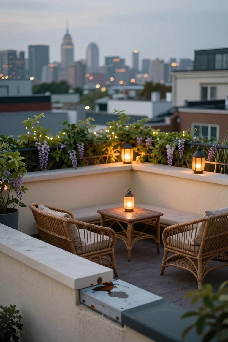 Rooftop terrace with two wicker armchairs and wooden table centered with a lantern, surrounded by potted plants, wisteria vines, string lights, and additional lanterns along the white parapet wall, overlooking city skyscrapers at dusk.