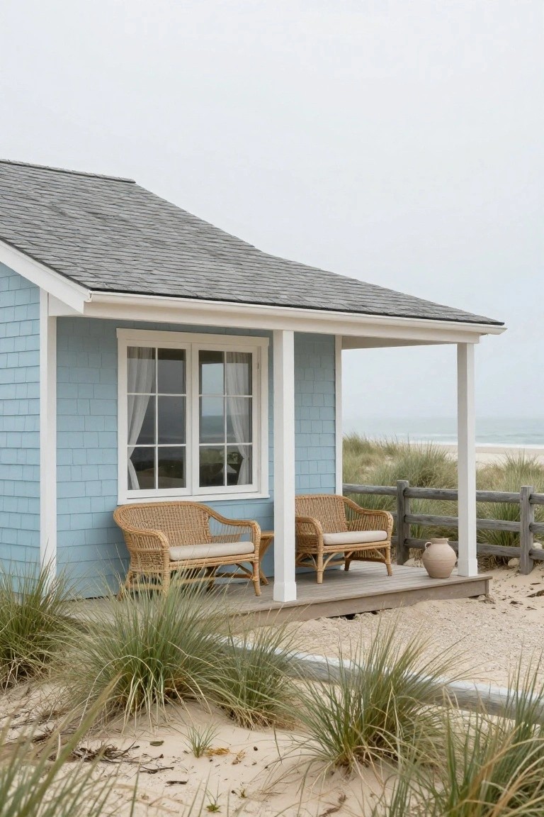 Light blue clapboard beach cottage with covered porch featuring two rattan armchairs, a large terracotta pot on wooden decking, surrounded by dune grasses near ocean.