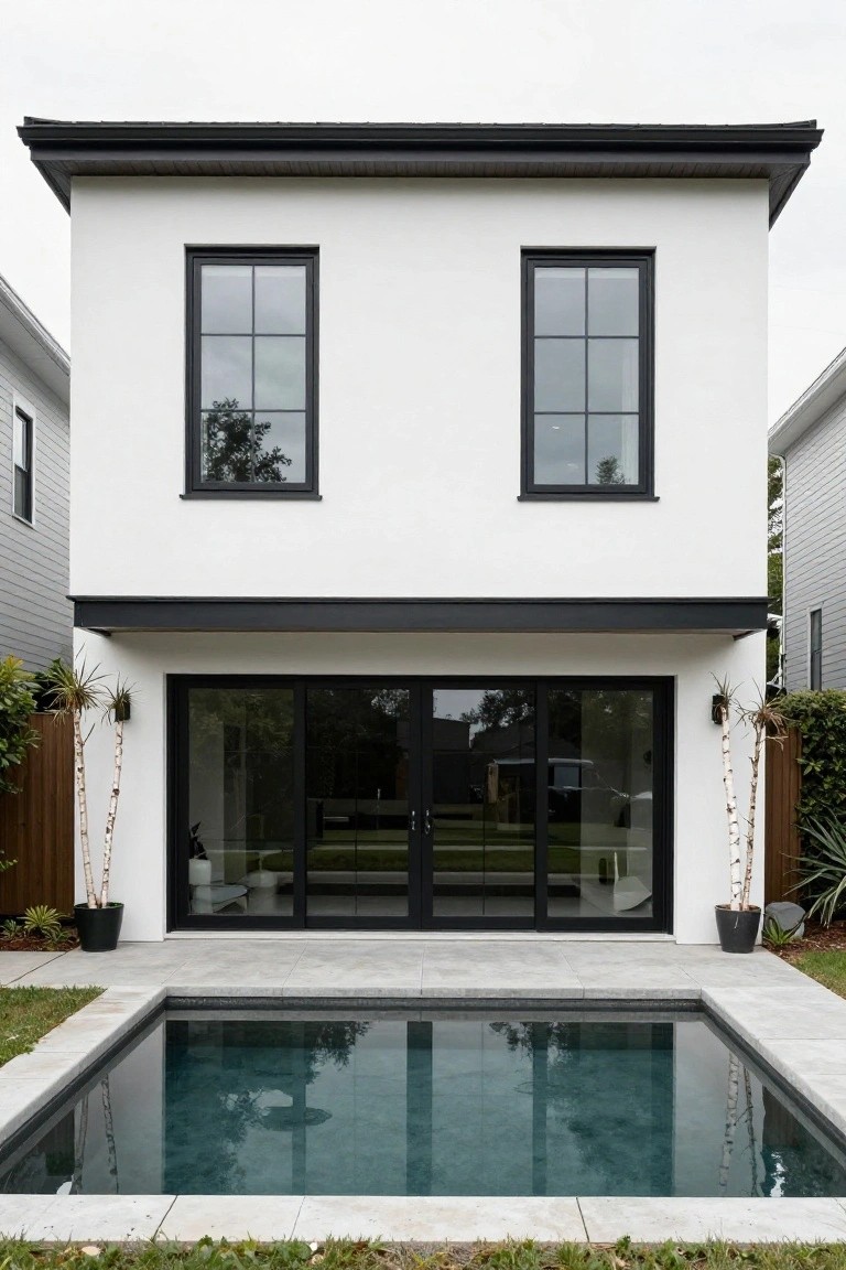 Rear exterior of a two-story white stucco house with black window frames, black metal roof overhang, and large black sliding glass doors opening onto a tiled patio with a rectangular in-ground pool, potted plants on either side, and grass beyond.