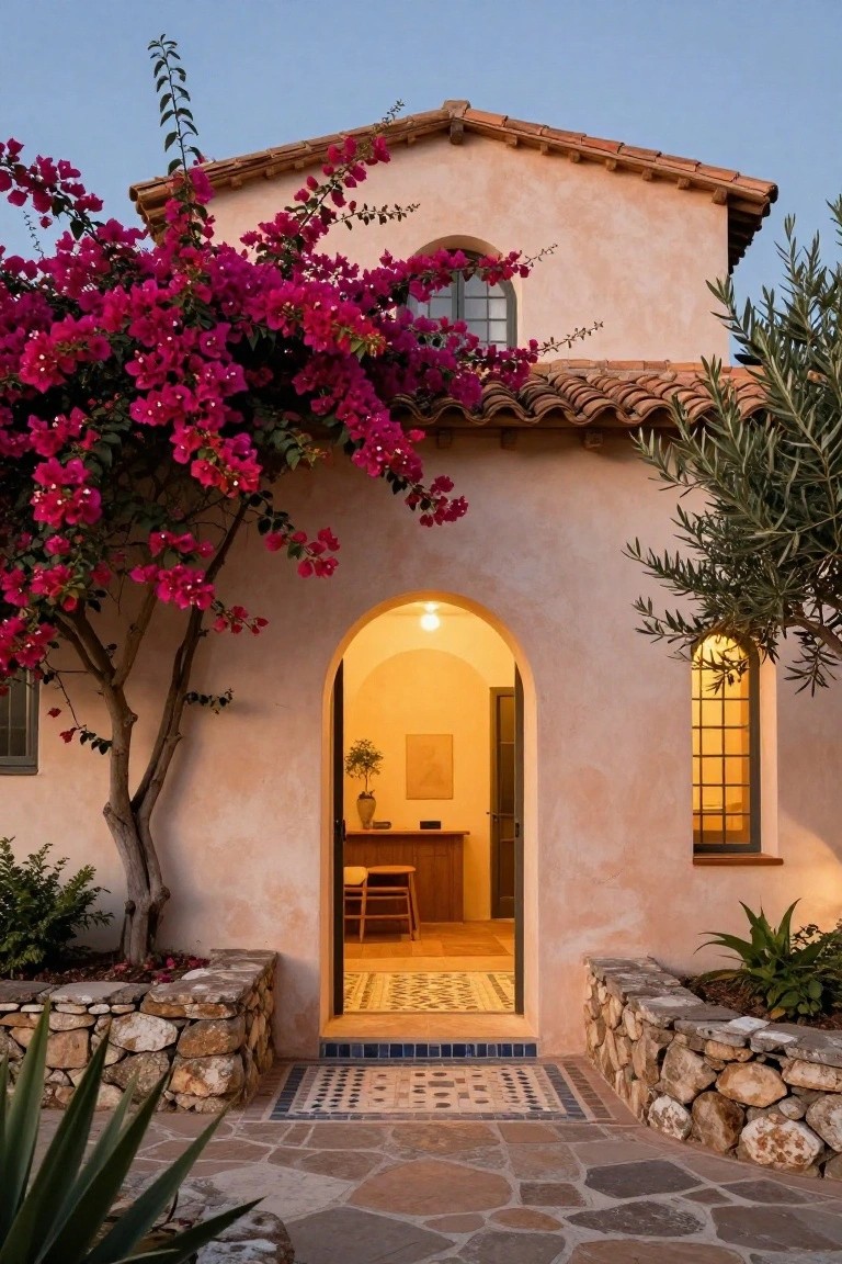 Beige stucco house exterior with terracotta tile roof, arched open doorway with warm yellow interior light and visible desk, pink bougainvillea vines climbing walls and arch, olive tree to the right, stone walls, plants, and stone-tiled pathway at dusk.