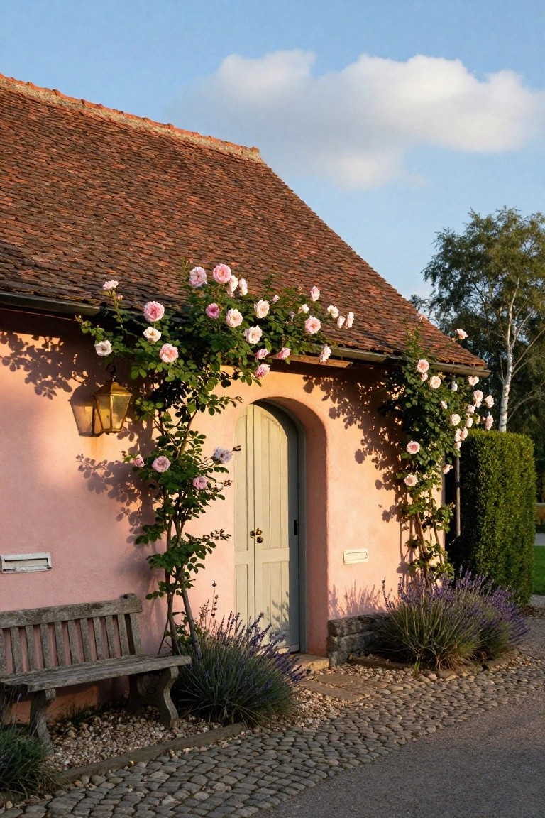 Pink stucco cottage with terracotta roof, arched green door covered in pink climbing roses, brass lantern, wooden bench beside lavender plants, and gravel path.