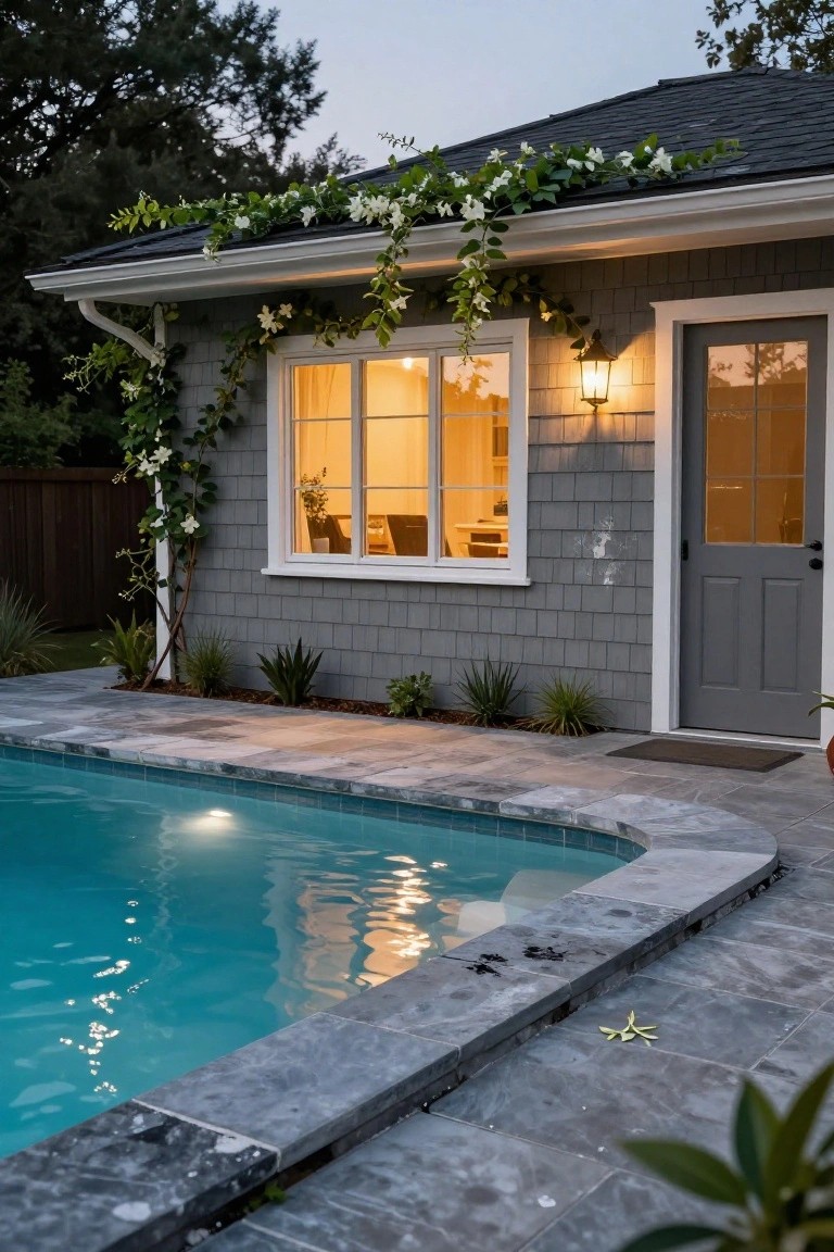 Twilight backyard with glowing pool, gray house, vines, and lit window.