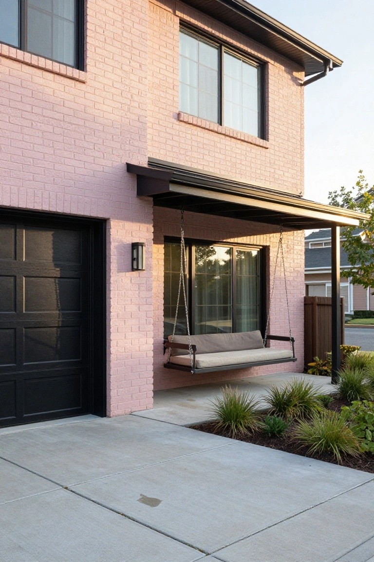 Pink brick house exterior featuring a black garage door, black metal porch awning with hanging swing, wall light, and low grasses along the driveway.