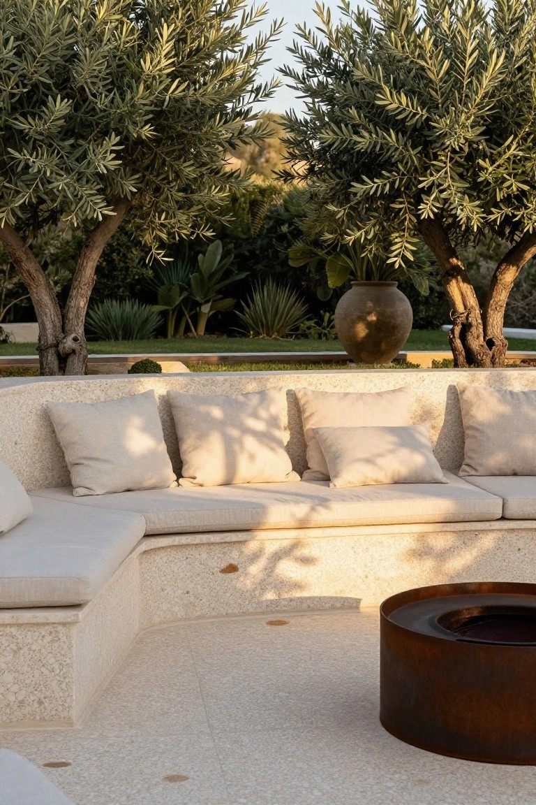 Curved low built-in stone bench with beige cushions wraps around a central rusted metal fire pit on terrazzo flooring in a garden patio surrounded by olive trees, agave plants, and a large terracotta pot.
