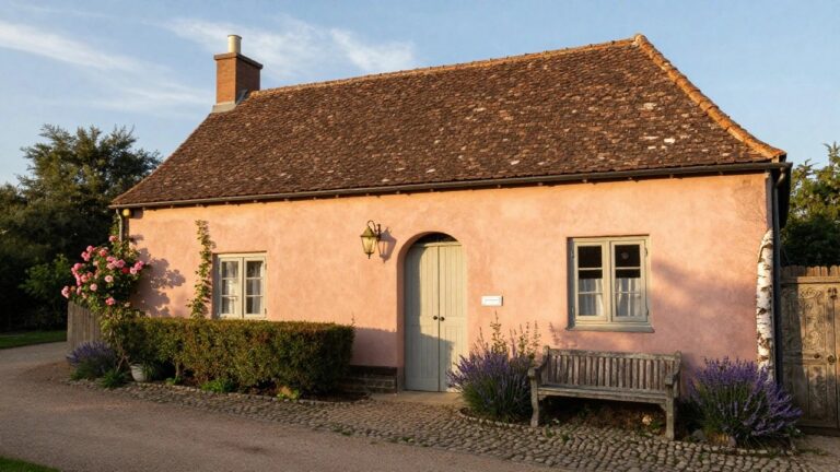 18 Aesthetic House Exterior Ideas For A Soft Dreamy Vibe Pink stucco cottage with terracotta roof, arched green door covered in pink climbing roses, brass lantern, wooden bench beside lavender plants, and gravel path.