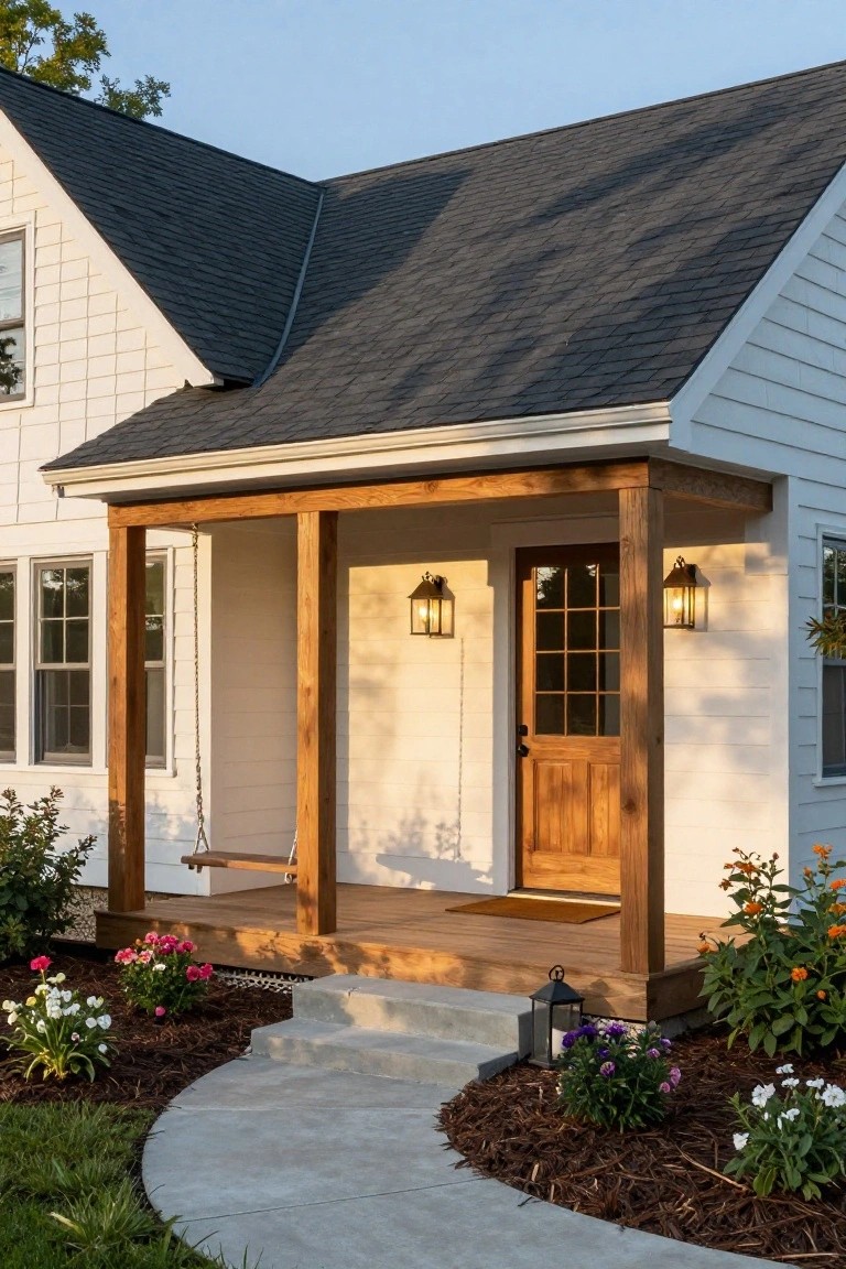 White clapboard house with dark shingle roof, covered front porch supported by wooden posts, hanging wooden swing, glass-paneled wooden door flanked by lanterns, flower beds, mulch, and curved concrete pathway leading to porch steps.