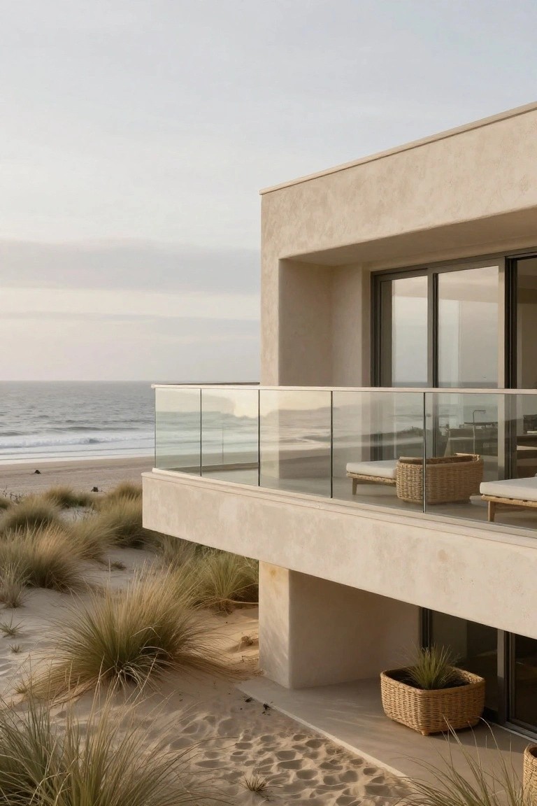 Beige stucco house exterior with protruding balcony featuring clear glass railings, wicker furniture, ocean view, and surrounding dune grasses on sandy ground.