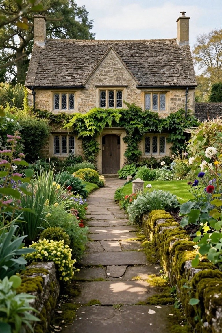 Stone cottage with ivy climbing the facade and windows, wooden front door, stone pathway lined with flowers and plants, low mossy stone walls, and surrounding garden beds.