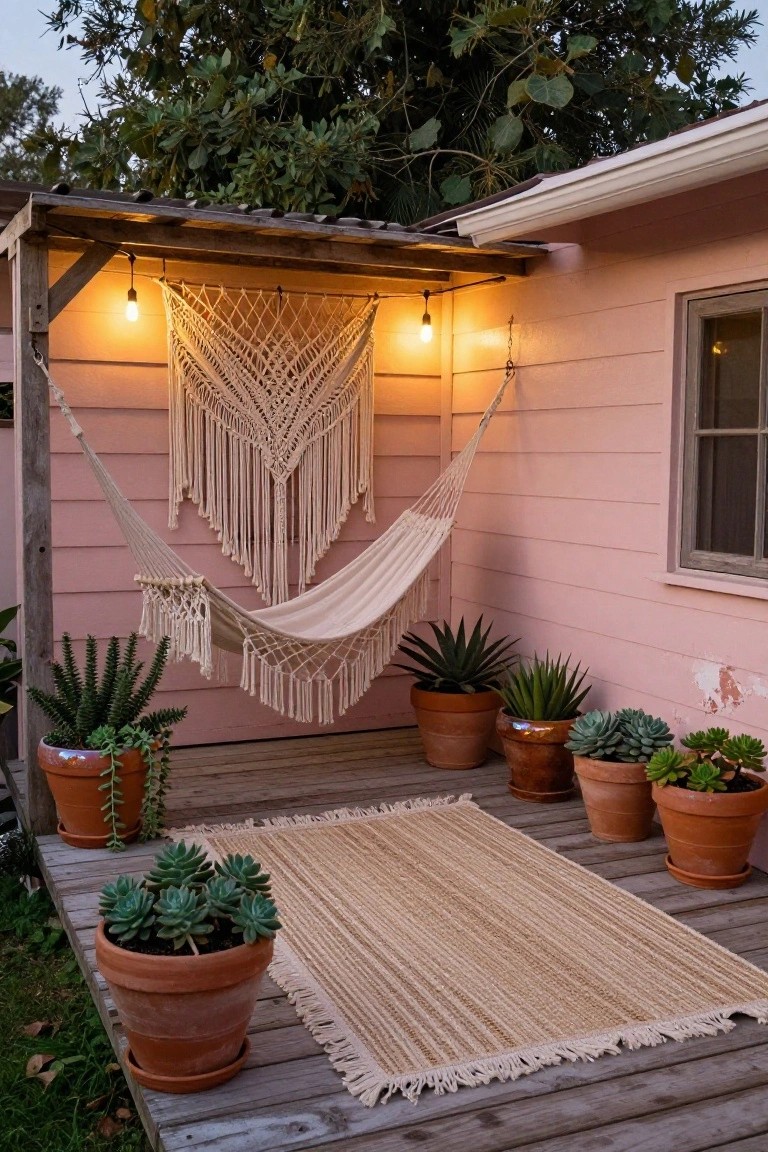 Cozy pink porch with hammock, macrame, string lights, and potted succulents.