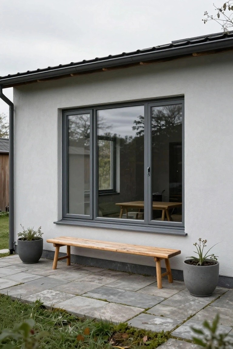 Side view of white stucco house wall under gray metal roof with large gray-framed sliding window, wooden bench on stone pavers directly below window flanked by two gray potted plants, grass and garden in foreground.