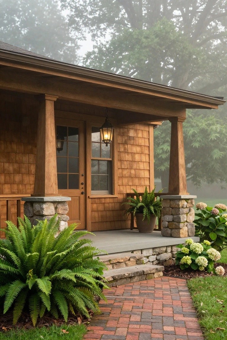 Wooden shingle house exterior with covered porch supported by tapered columns on stone bases flanked by ferns and hydrangeas, brick walkway leading to slate steps amid misty trees.