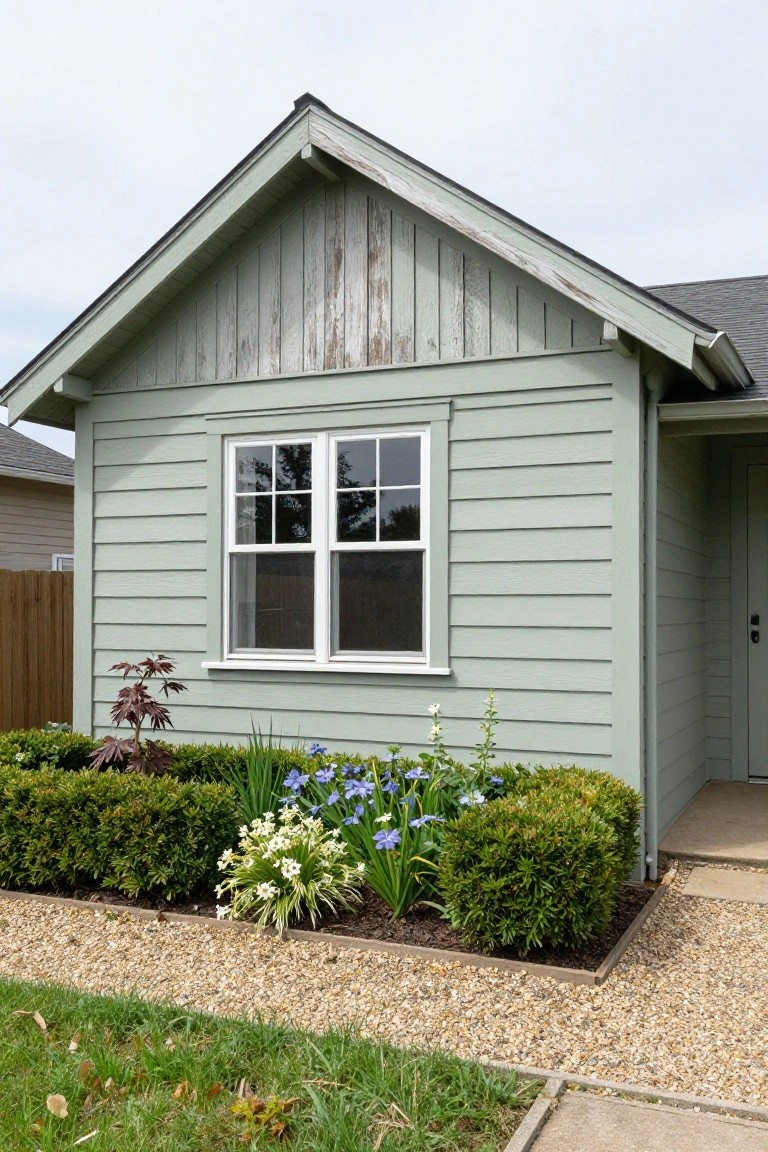 Side view of a small house with sage green clapboard siding, gabled roof, double-pane window, entry door, boxwood hedges, flowers, and gravel-bordered garden.