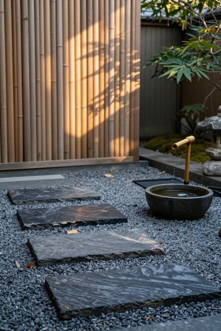 Japanese-style garden path of irregular dark stone slabs set into gray gravel, with bamboo fence, shishi-odoshi water feature, stone lantern, moss, and plants in the background.