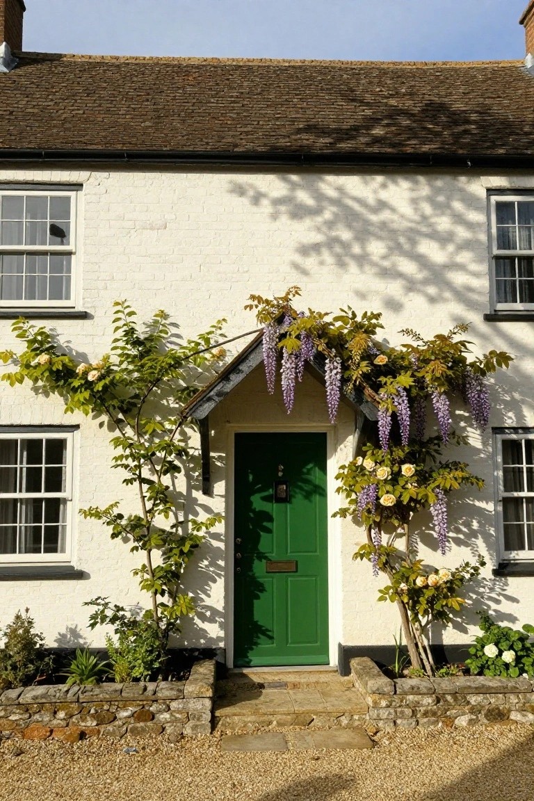White brick house with green front door under a small porch covered in purple wisteria vines, flanked by plants in stone-edged beds on gravel driveway.