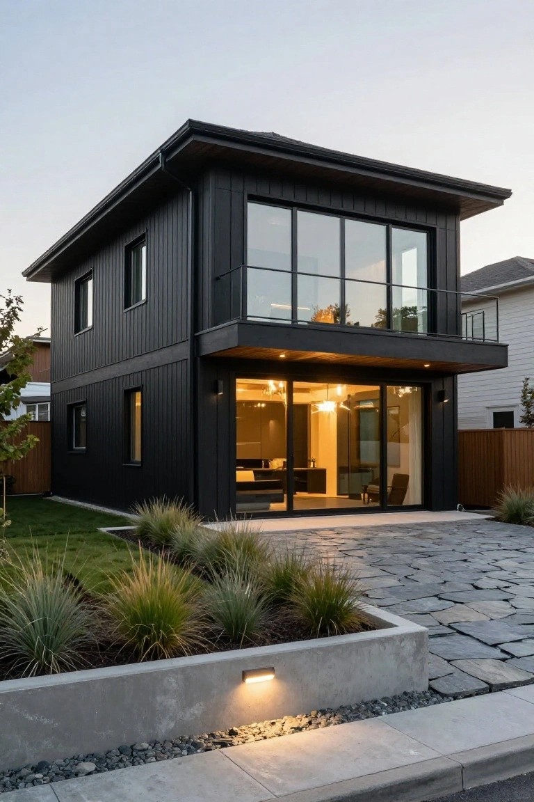 Two-story modern house with black vertical board siding, large glass windows and balcony railing, open sliding glass entry doors revealing warm interior lights, flagstone driveway, concrete retaining wall with ornamental grasses, and dusk sky.