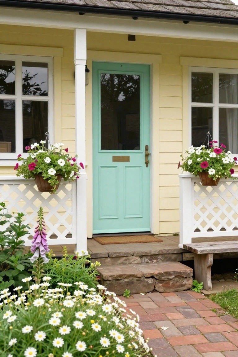 Pale yellow house with turquoise front door, white porch railings holding hanging flower baskets, stone steps leading to a brick path, and flowers in the front garden.
