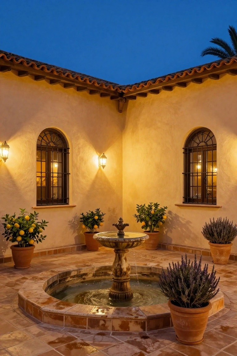 Corner courtyard patio of a stucco house with terracotta tile floor, central stone fountain, potted lemon trees and lavender plants, arched wrought-iron windows, and lantern lighting at dusk.