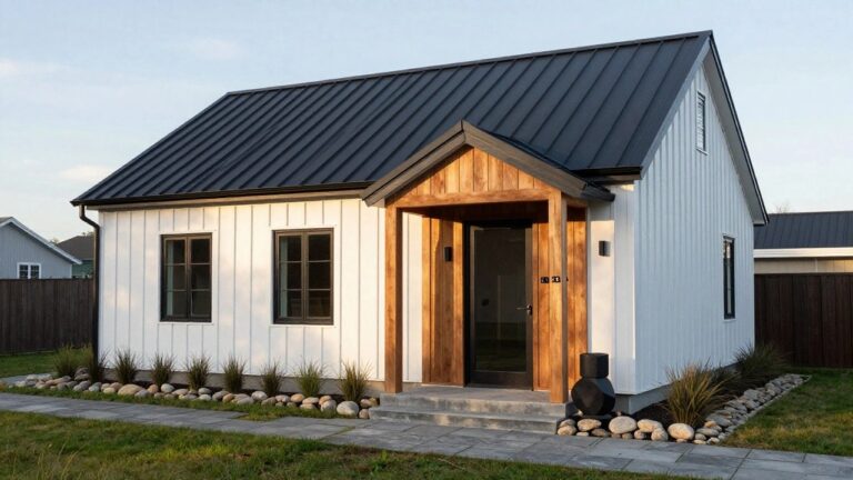 18 Beautiful House Exterior Ideas For Effortless Curb Appeal White board-and-batten house with black metal roof and black-framed windows and door under wooden porch posts and beam, concrete entry steps, stone pathway, and landscaped front yard with grasses and rocks.