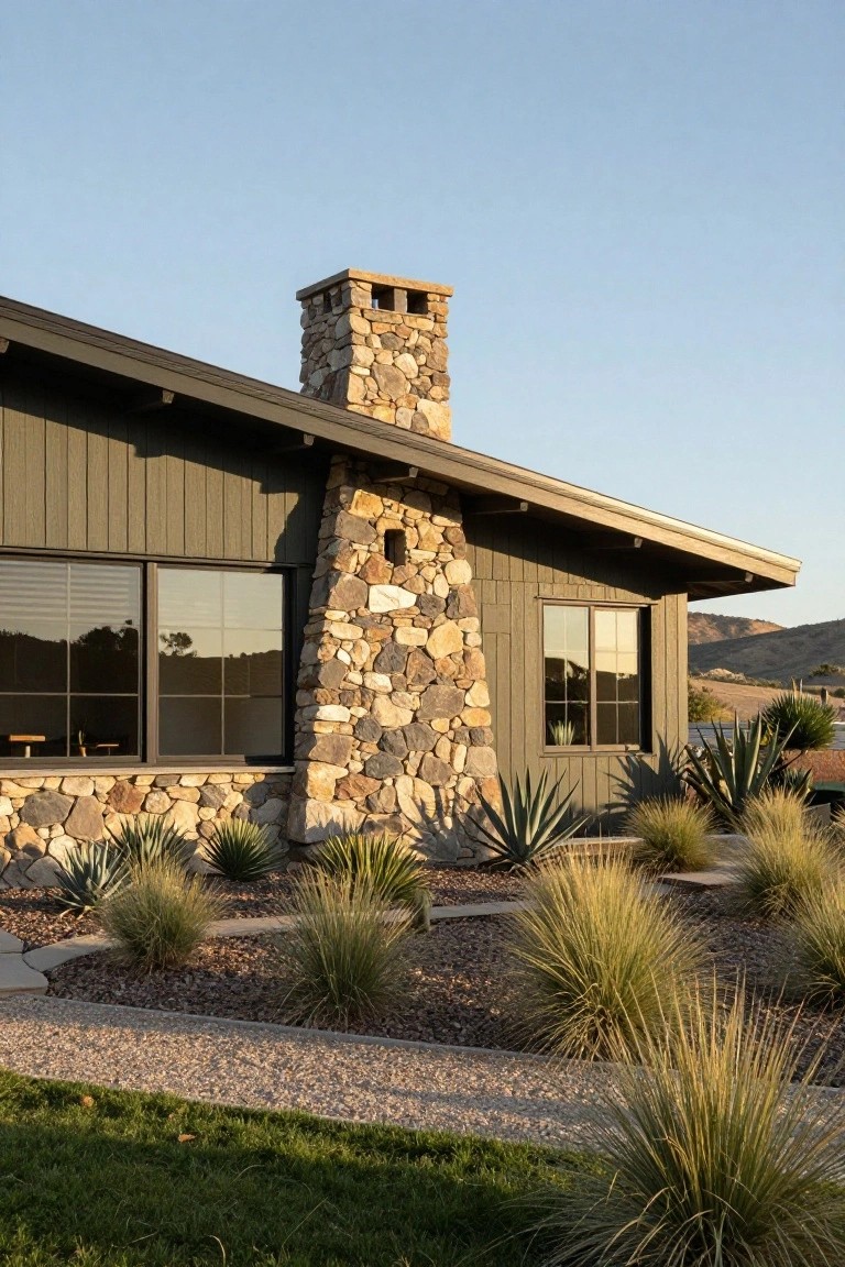 Side view of a modern house with dark wood siding, tall tapered chimney of irregular rounded stones, large grid windows, and landscaping of agave plants, grasses, and gravel path against a hillside backdrop.