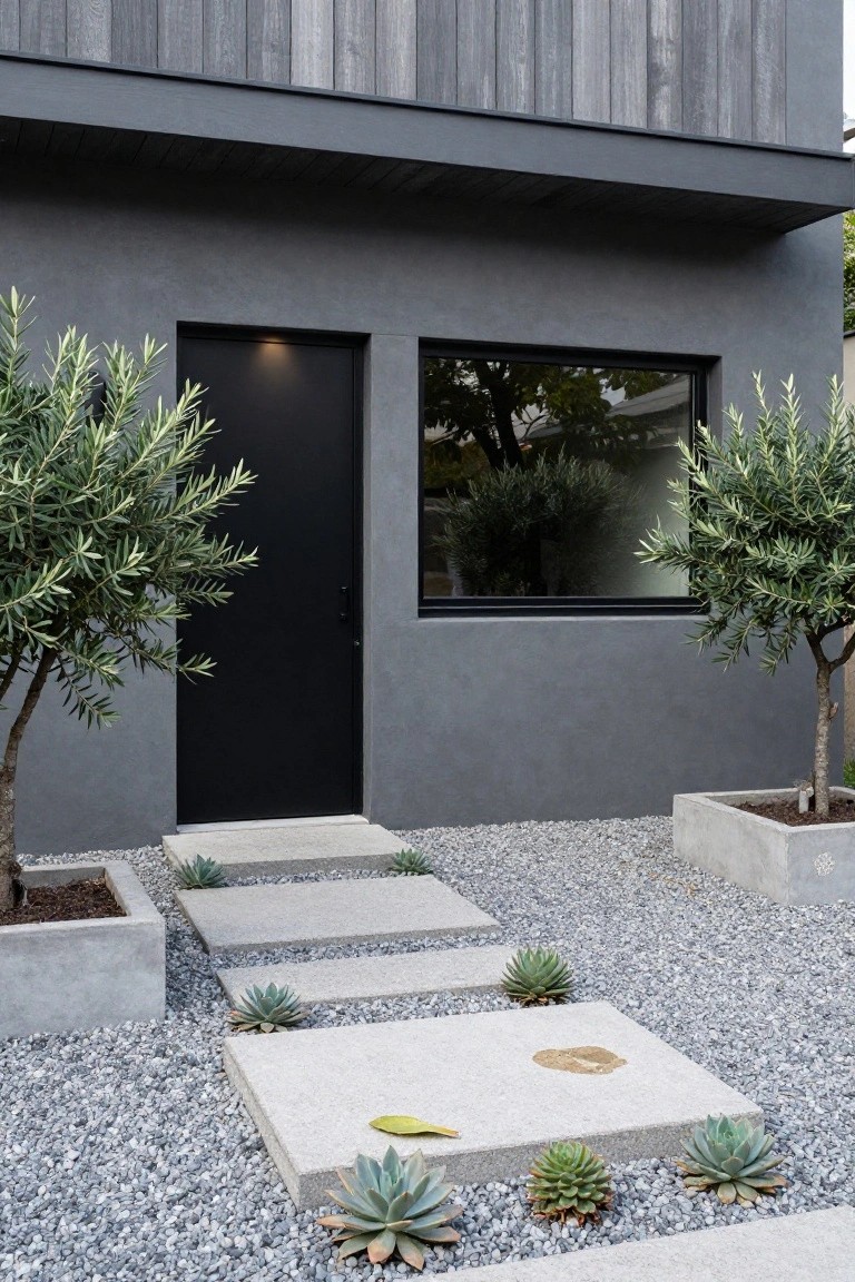 Gray stucco house exterior with black front door and window, olive trees in concrete planters, gravel ground cover planted with agave succulents, and concrete stepping stones leading to the entry.