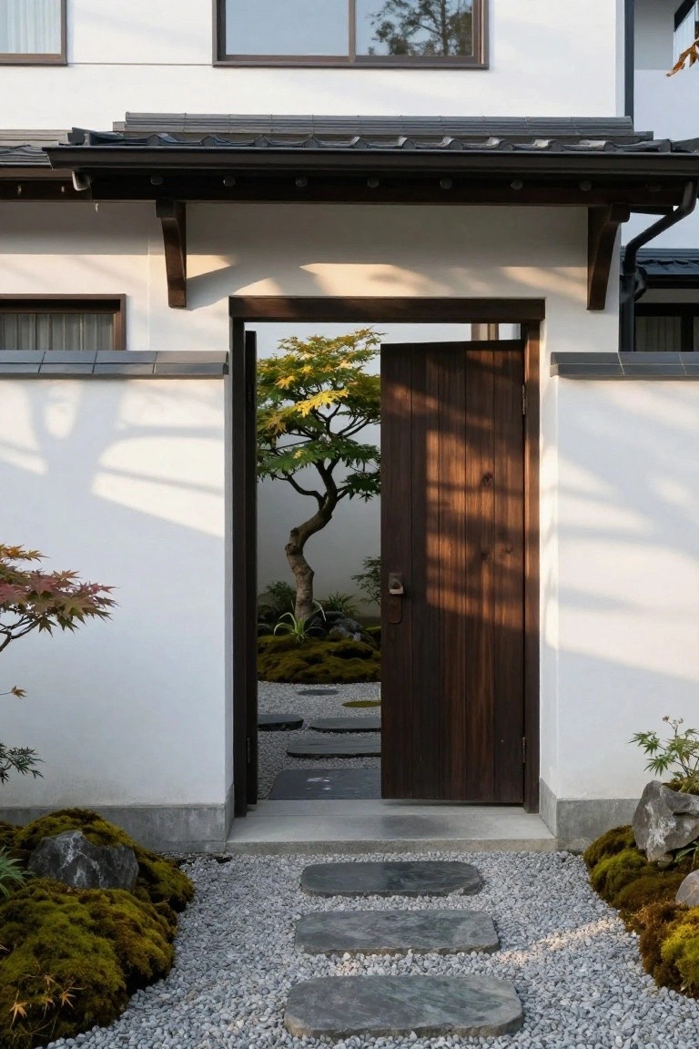 White stucco house exterior with dark wooden door partially open to reveal inner garden, gravel path with stepping stones leading to entry, mossy rocks and trees visible.
