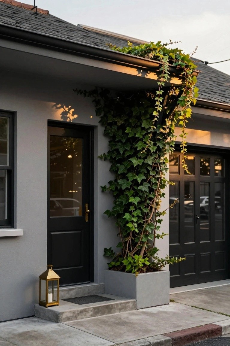 Gray stucco house exterior with black front door and garage door, ivy climbing vertically along the right corner from a square planter at the base, and a gold lantern on the concrete steps beside the door.