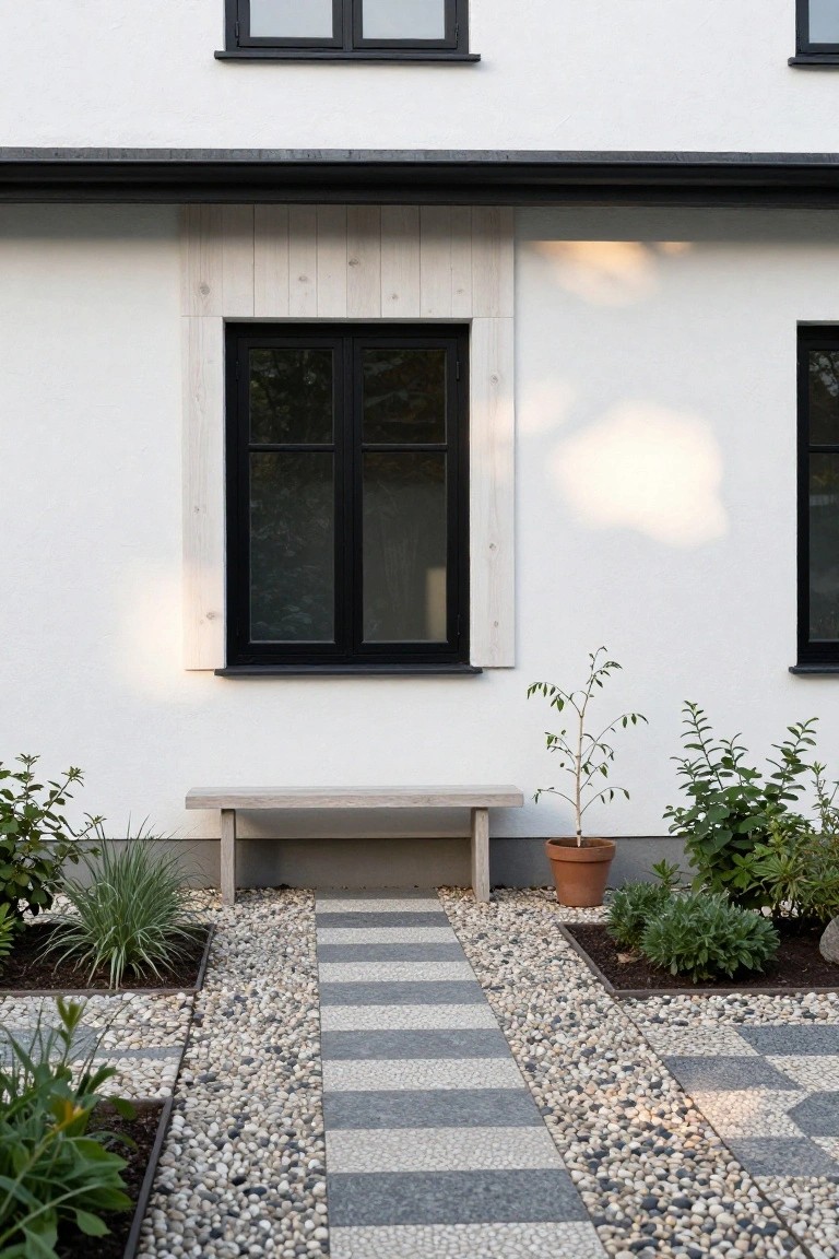 White house exterior with black-framed windows, light wood cladding panel, wooden bench, potted plant, shrubs in raised beds, and striped pathway of pebbles and stone pavers bordered by gravel.
