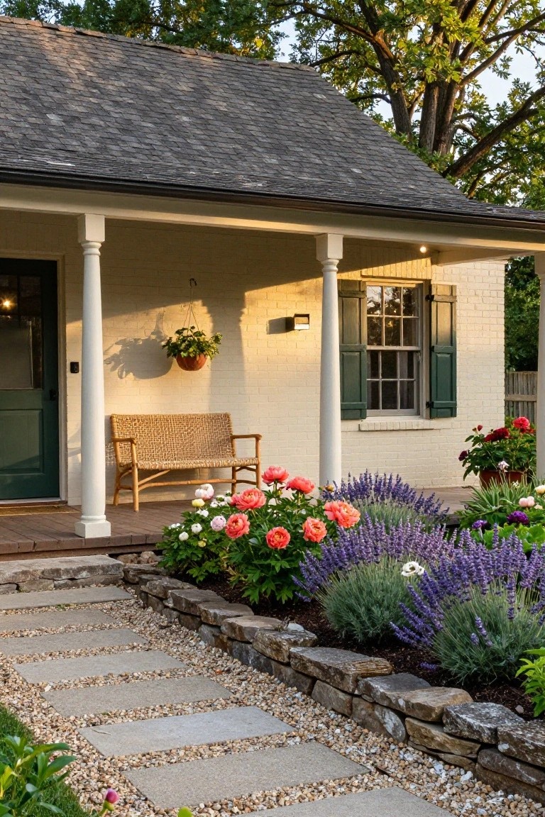 White brick house with covered porch, rattan bench, green door and shutters, hanging plant, and raised garden bed of pink peonies and purple lavender along a gravel path with stone steps and retaining wall.