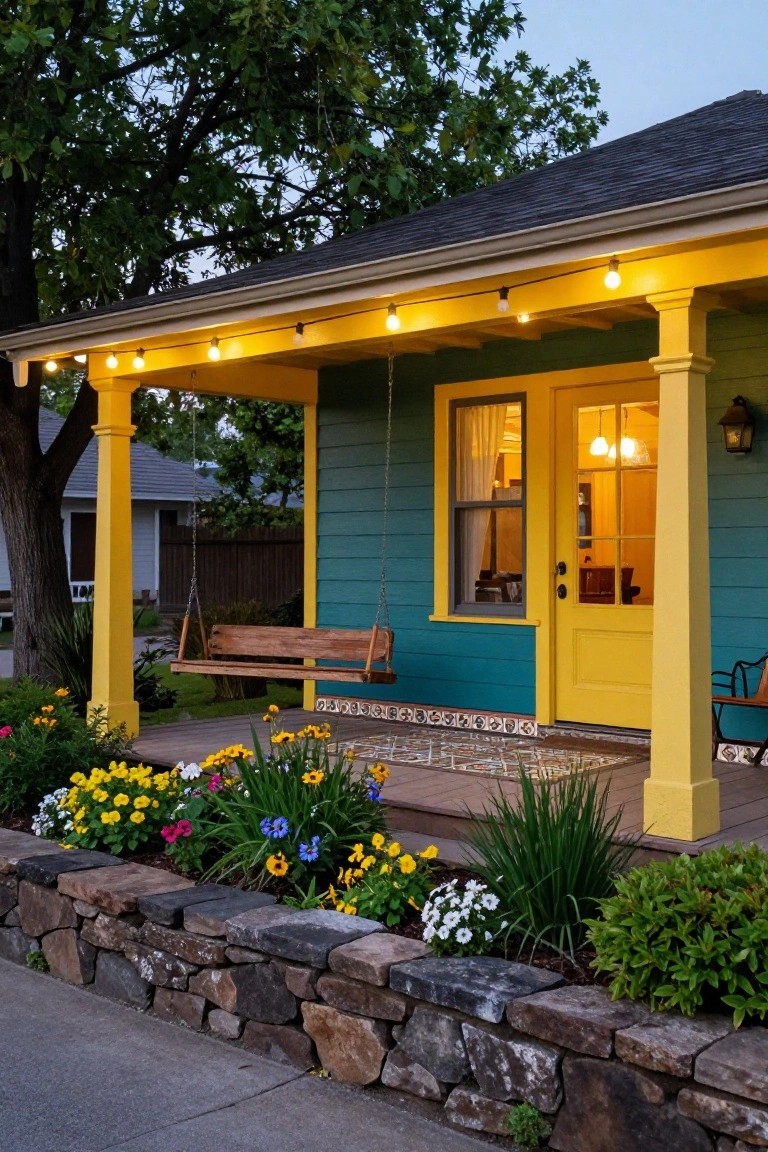 Turquoise clapboard house with yellow porch columns and trim, wooden porch swing, string lights, yellow front door, flower garden, and stone retaining wall at dusk.