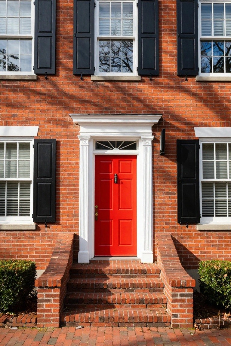 Two-story red brick house with black shutters on multi-pane windows, white trim around a centered red front door under a small portico, brick steps with side railings, and boxwood shrubs.