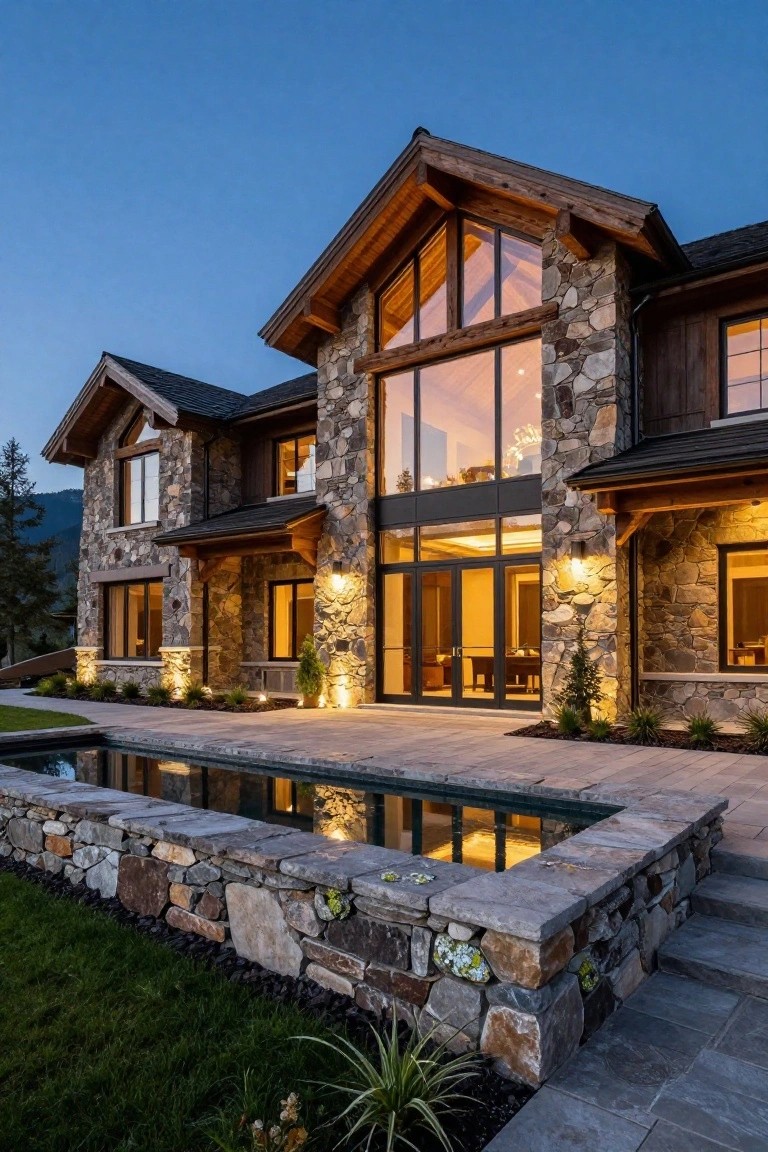 A two-story mountain-style home exterior with stone walls, timber beams, large glass windows and doors, a stone-bordered reflecting pool, landscape lighting, and evergreen plants at dusk.