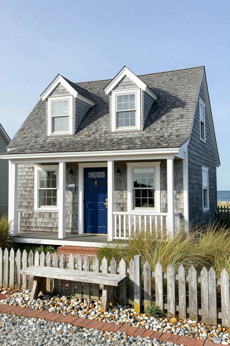 Small gray shingle cottage with white trim, blue front door, covered porch, dormer windows, picket fence, weathered bench, pebble path, and beach grass near ocean dunes.
