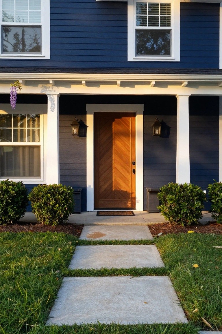 Front exterior of a navy blue house with white trim and columns, wooden front door, lantern lights, boxwood shrubs beside the stoop, and square concrete pavers set into the grass lawn leading to the entry.
