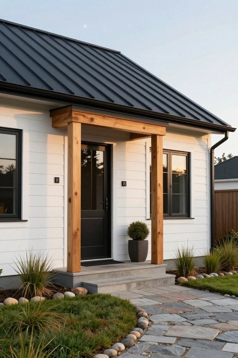 White board-and-batten house with black metal roof and black-framed windows and door under wooden porch posts and beam, concrete entry steps, stone pathway, and landscaped front yard with grasses and rocks.