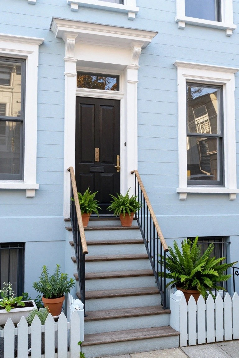 Light blue house with dark door, wooden stairs, and potted ferns.