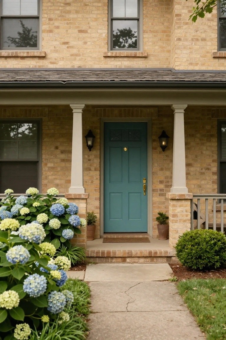 Teal front door with white columns, brick house, blooming blue hydrangeas.
