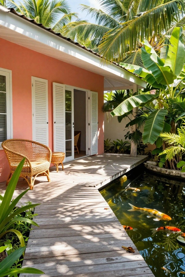 Pink exterior house with white shutters and open French doors opening onto a wooden deck and walkway bordering a rectangular koi pond containing orange and white koi fish, surrounded by tropical greenery and palm trees.