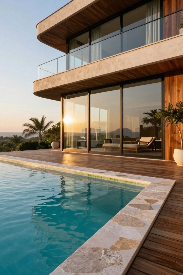 Curved modern beige stucco and wood-clad house exterior with large sliding glass doors and balcony overlooking a turquoise pool on a wooden deck edged in light stone, palm trees and sunset view in background.