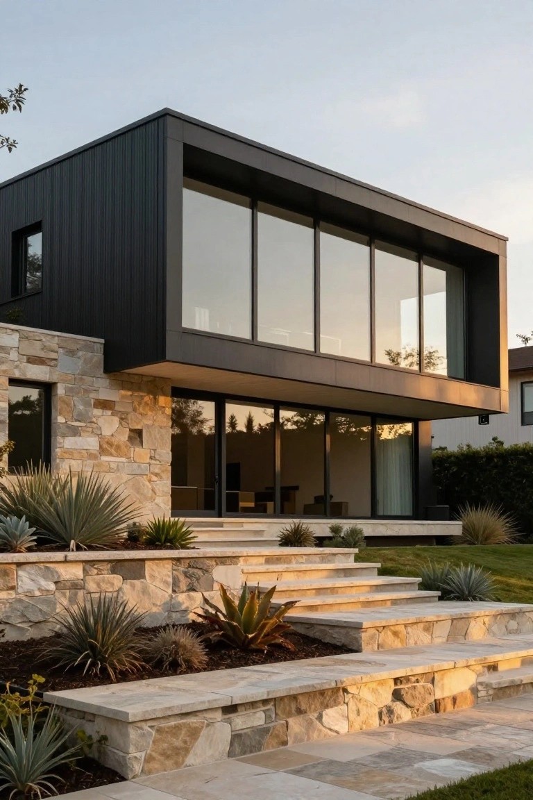 Contemporary house exterior with black vertical metal cladding on a cantilevered upper box, large glass windows, textured sandstone walls and steps at the base, agave plants in landscaped beds, and grass lawn during golden hour light.