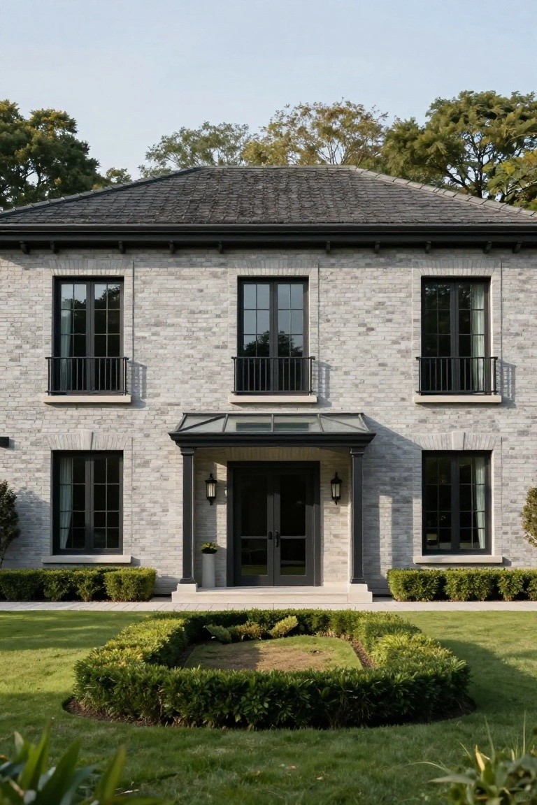 Two-story light gray brick house with black-framed windows and doors, mansard roof, glass entry canopy, wrought iron balconies, and circular boxwood hedge in front yard.