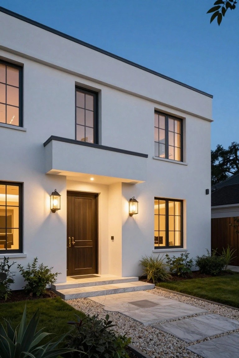 White stucco modern house corner at dusk featuring black-framed windows, a dark wood front door under a cantilevered canopy with lanterns, stone steps, paver pathway edged in pebbles, and low landscaping.