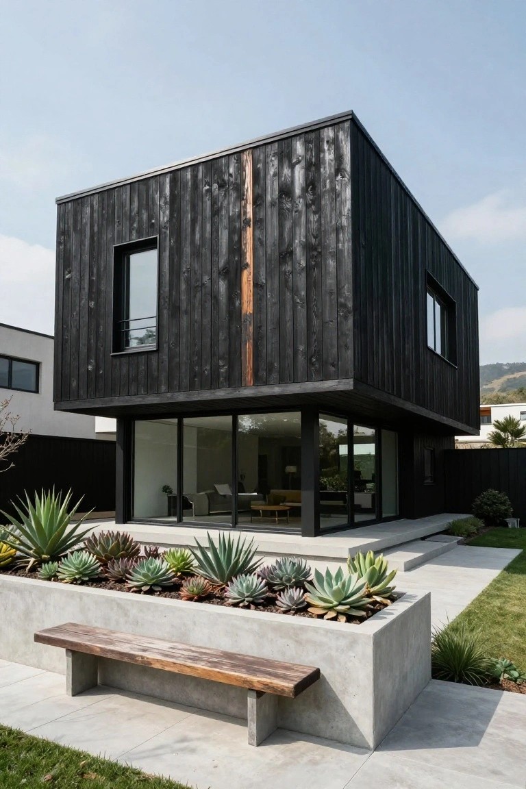 Corner view of a modern two-story house clad in vertical black charred wood planks with a lighter wood accent strip, lower glass extension with furniture inside, concrete steps and pavers, raised concrete planter box with succulents and agave plants, wooden bench, grass lawn, and agave nearby.