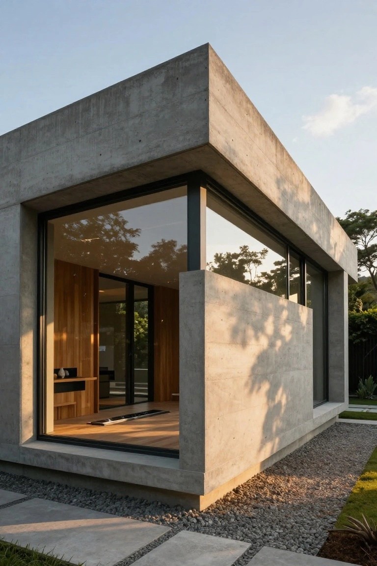 Corner exterior view of a modern concrete building with large floor-to-ceiling glass windows revealing a wooden interior, surrounded by trees, a pebble pathway, and paver stones.