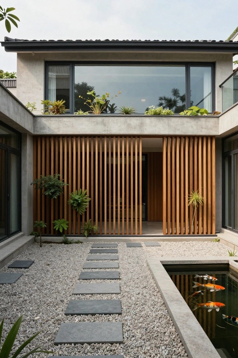 Modern home exterior with concrete walls, vertical wooden slat screen enclosing a courtyard entry, gravel zen garden, dark stepping stone path, small koi pond with orange fish, and tropical plants.