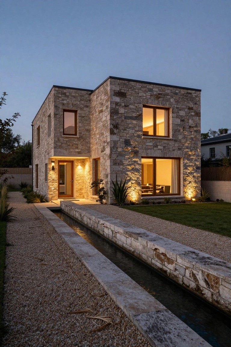 Evening view of a modern two-story stone house with large windows, a wooden front door illuminated by wall lights, and a gravel entry path alongside a narrow stone-lined water channel, bordered by plants and grass.