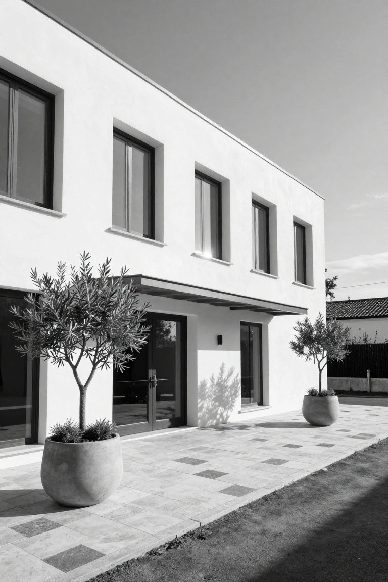 Modern white building with large windows, potted olive trees, and tiled courtyard.