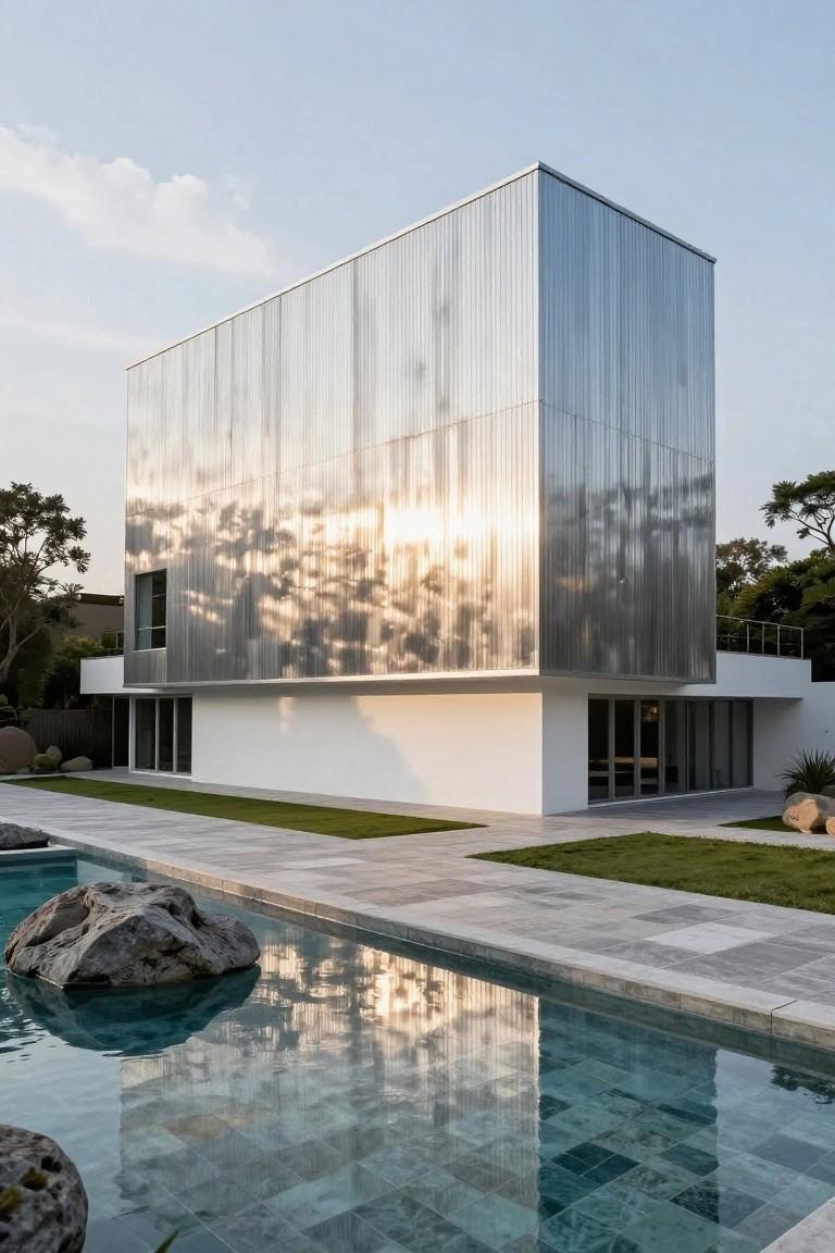 Modern four-story house with tall vertical corrugated silver metal facade above a white single-story base, next to a rectangular reflecting pool containing large gray boulders, with lawn, stone pavers, and trees nearby in late afternoon light.