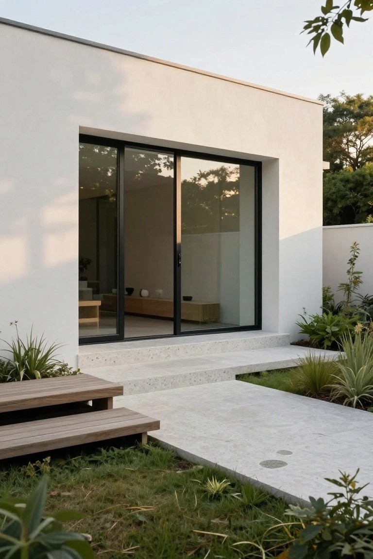 White stucco modern house exterior with large black-framed floor-to-ceiling sliding glass doors, wooden entry steps, terrazzo concrete platform and path, and surrounding garden with grasses, agaves, and other plants.