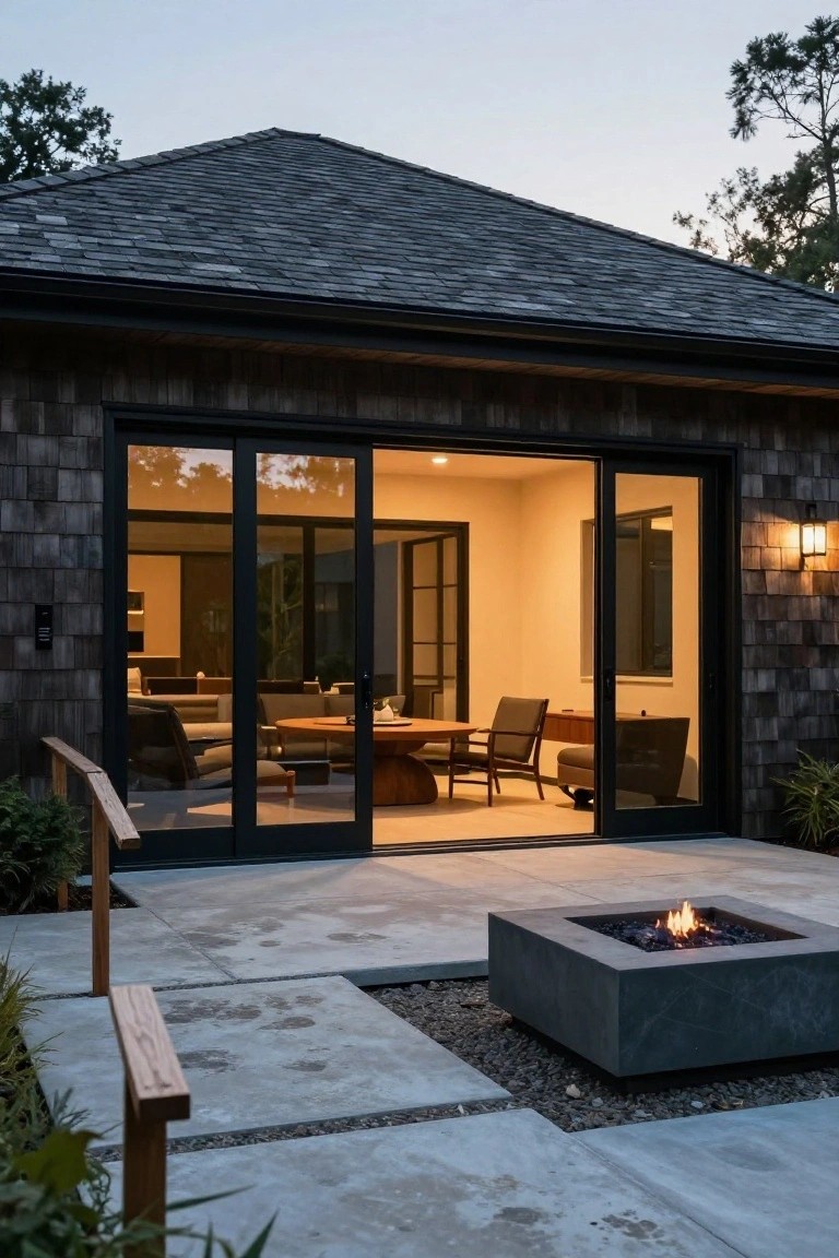 Dusk photo of a shingle-clad modern building with large open black sliding glass doors showing interior seating and table, adjacent to a concrete patio with square lit fire pit, wooden railing, and plants.